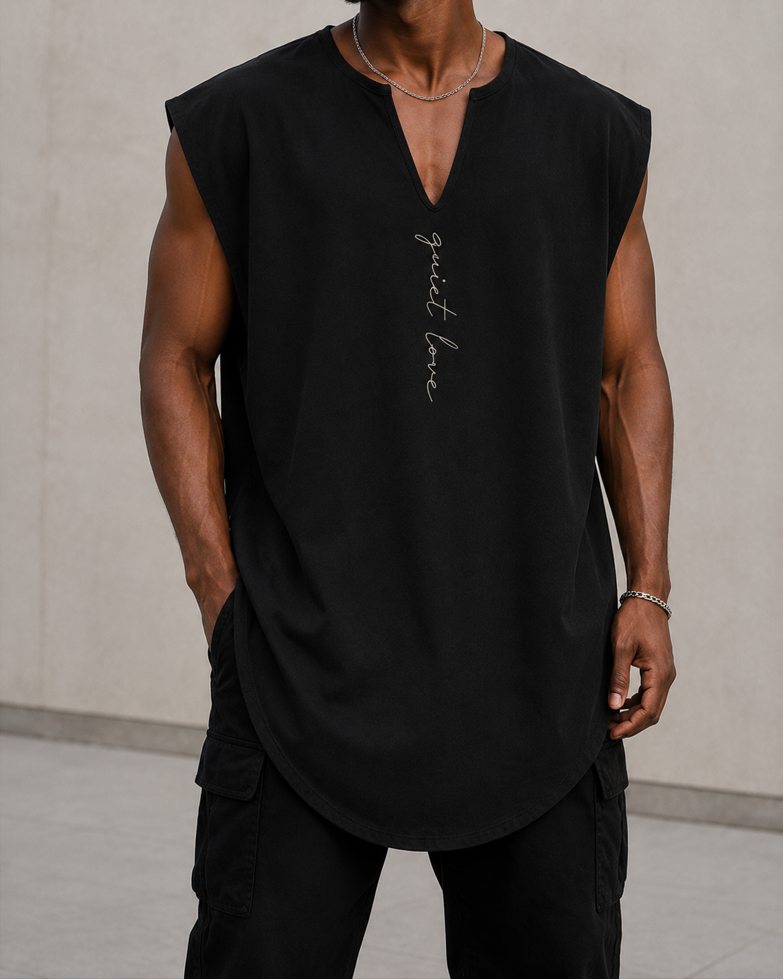 Quiet Love Sleeveless Long Cutout V-Neck Tee
