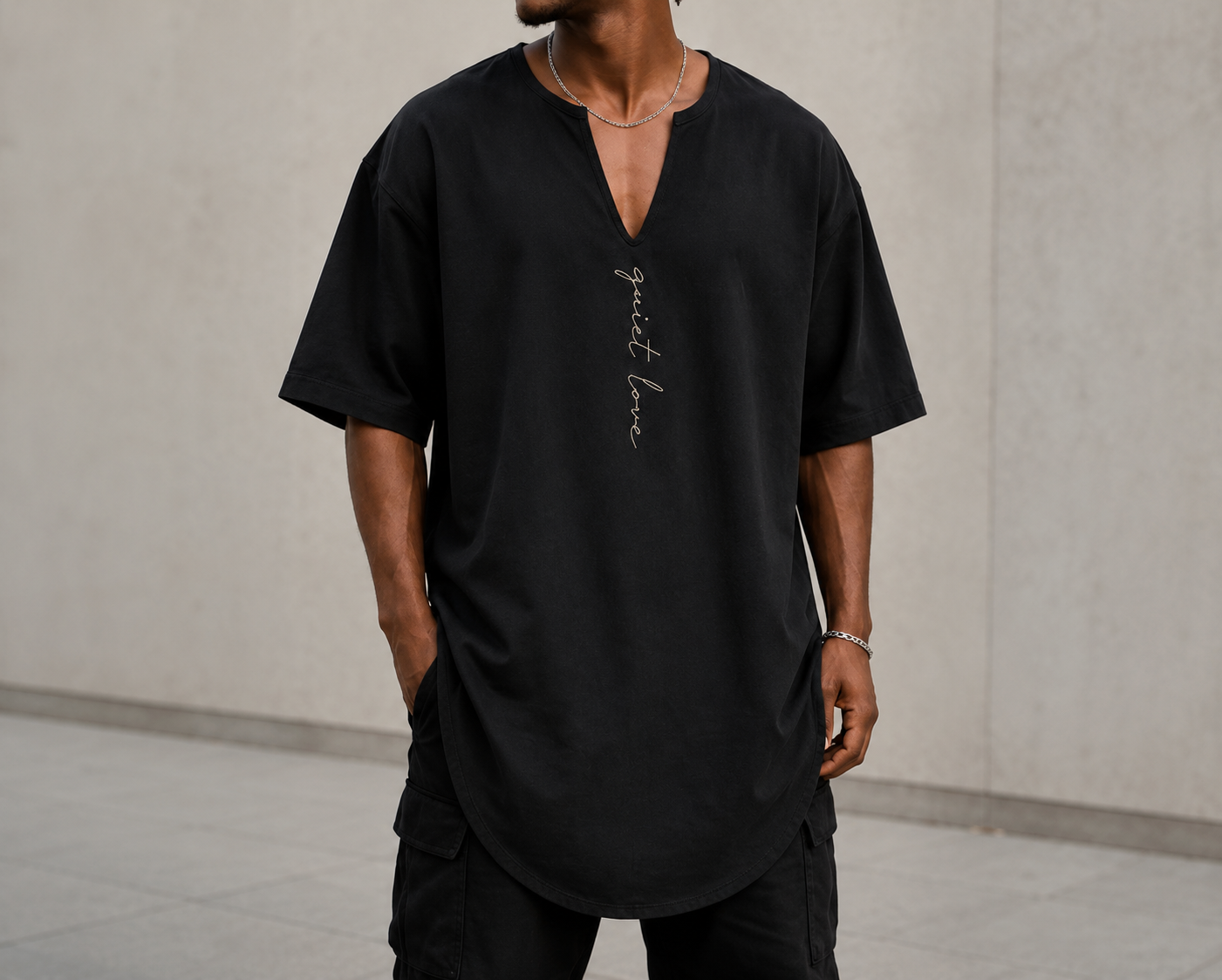 Quiet Love Long Cutout V-Neck Tee